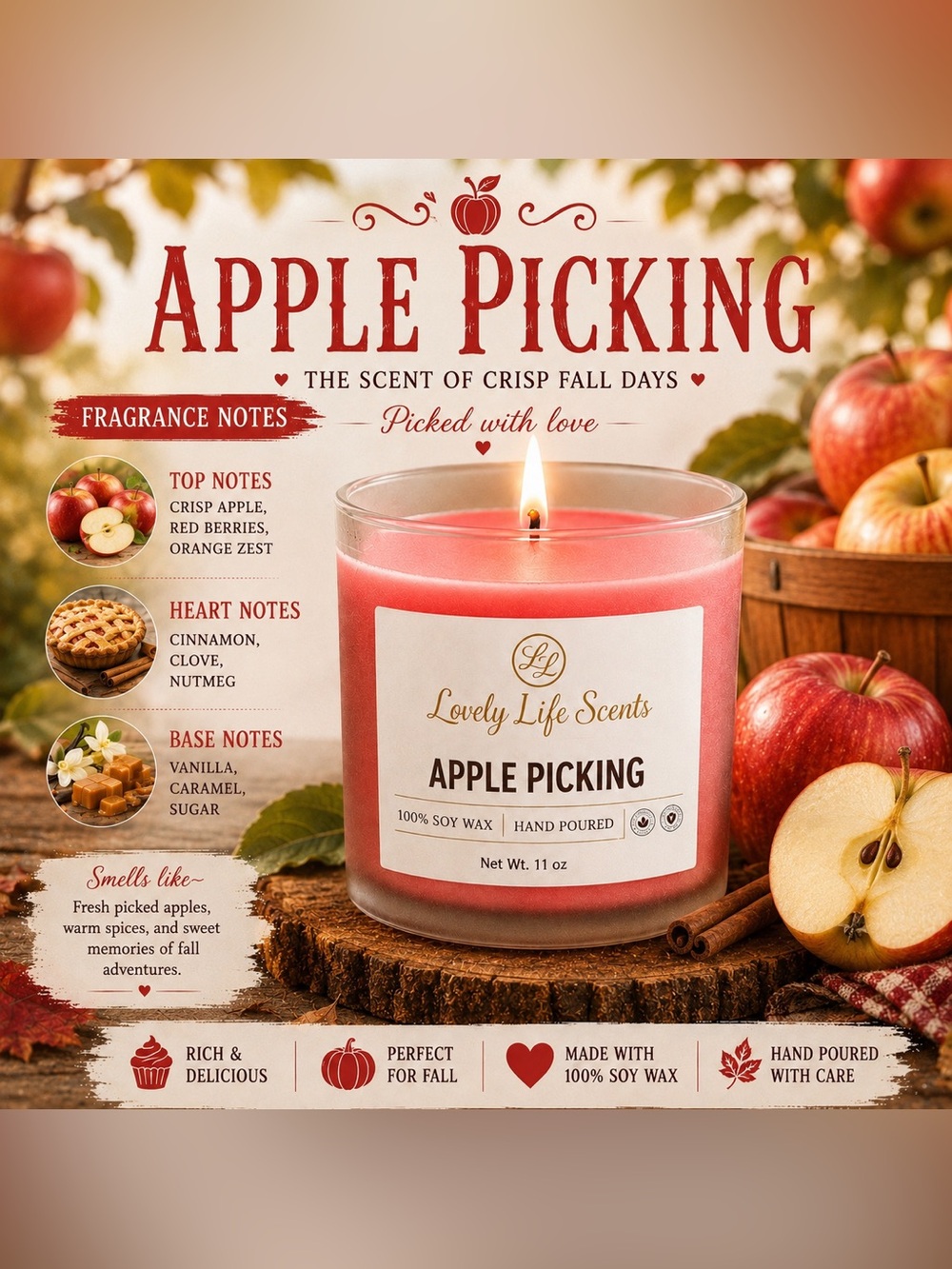 Apple Picking 11oz Premium Soy Wax Candle from Lovely Life Scents